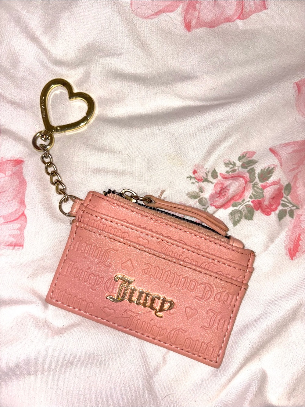 Juicy Couture Coral Pink Embossed Card Holder with Heart Keychain